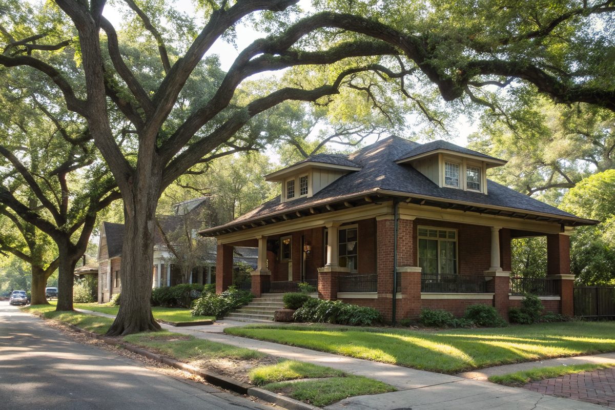 A brick craftsman bungalow with a deep porch under large willow oaks