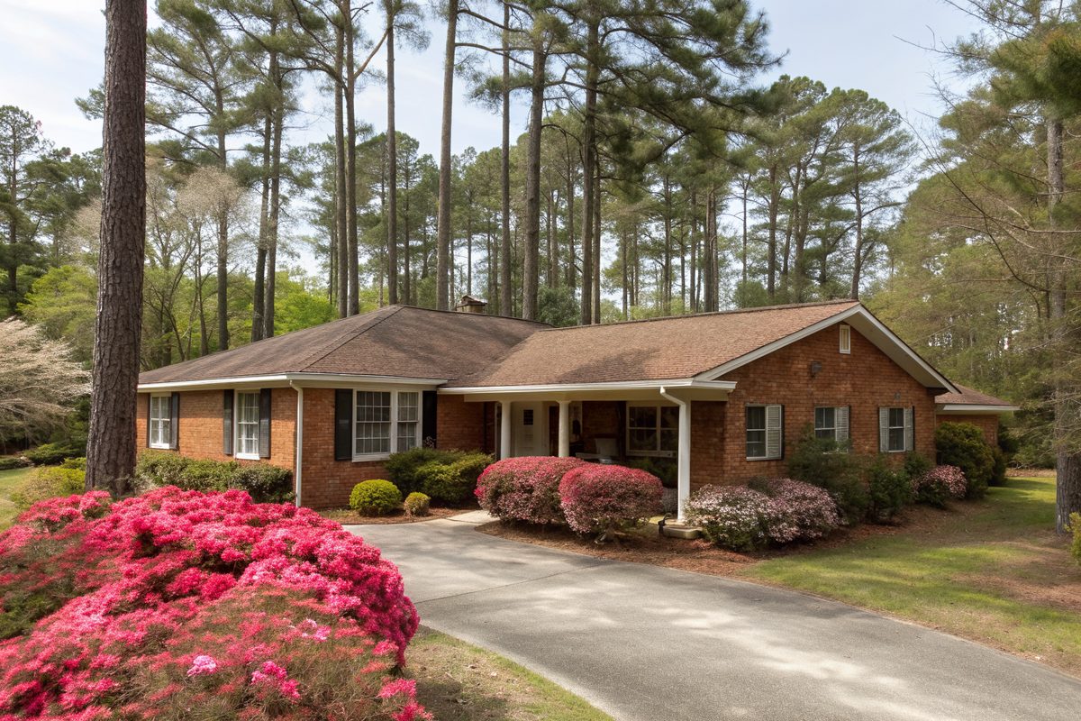 A single-story brick ranch home with a brown shingle roof and blooming azaleas