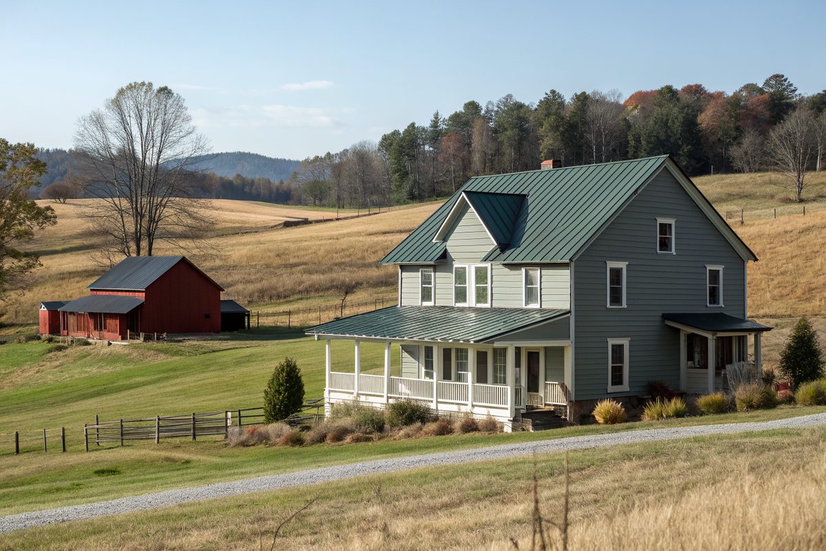 A gray farmhouse with a green standing-seam metal roof beside a red barn