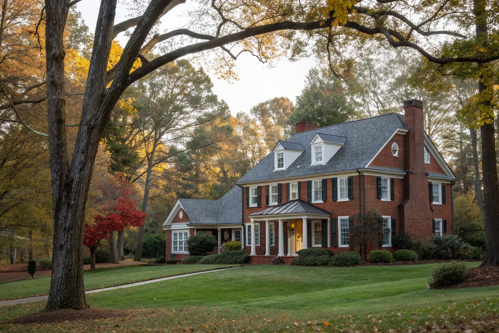 A two-story red brick colonial home with a gray shingle roof among autumn oaks
