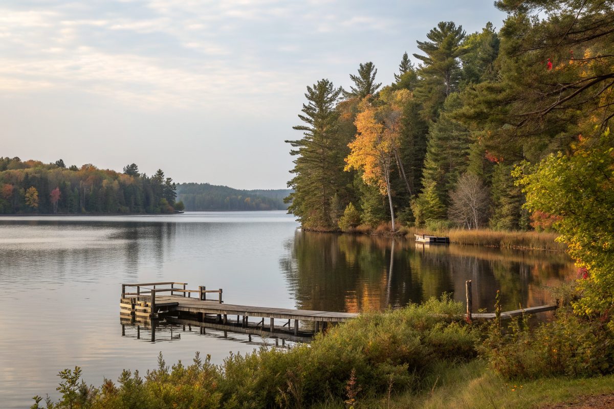 A calm lake with a small wooden pier and an autumn tree line
