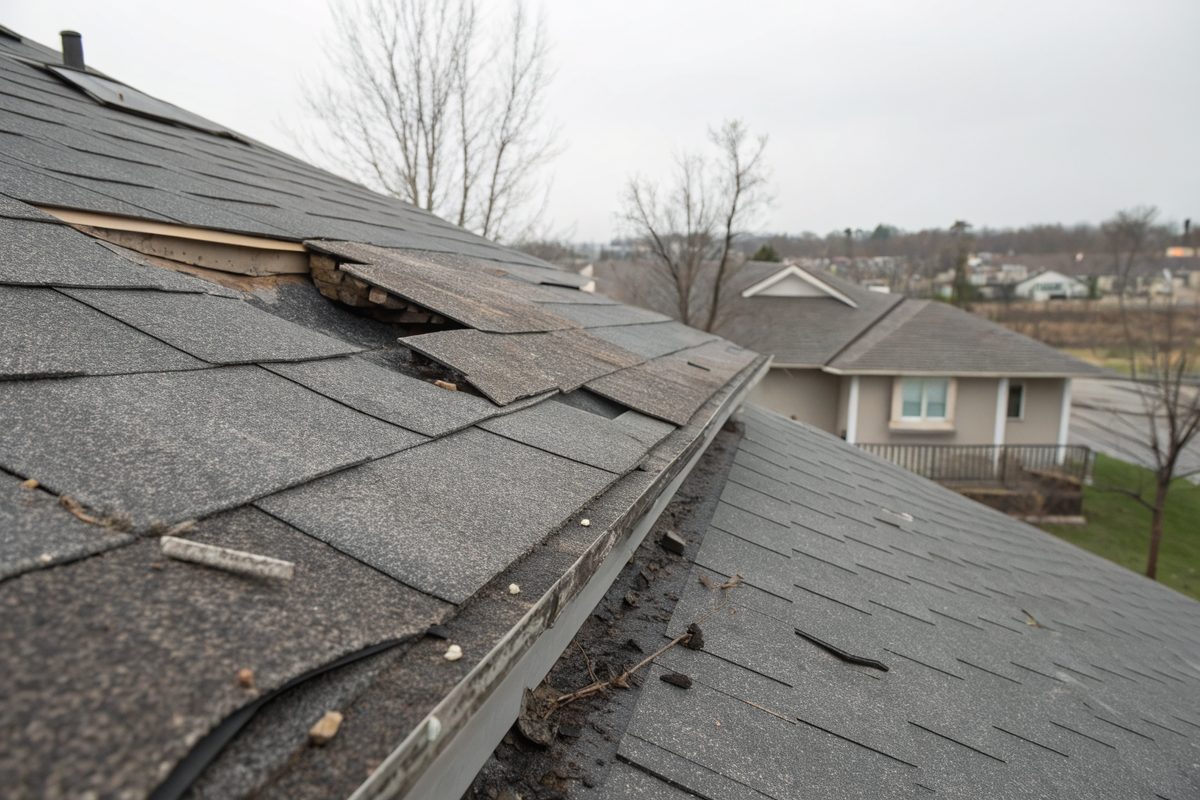 Wind-lifted and creased shingles on a roof slope