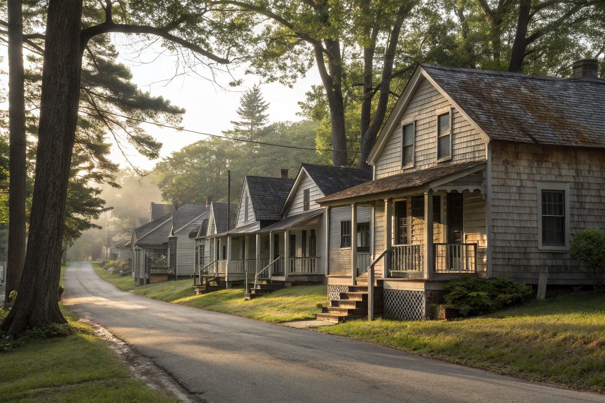 A row of small wooden mill houses with front porches and gable shingle roofs