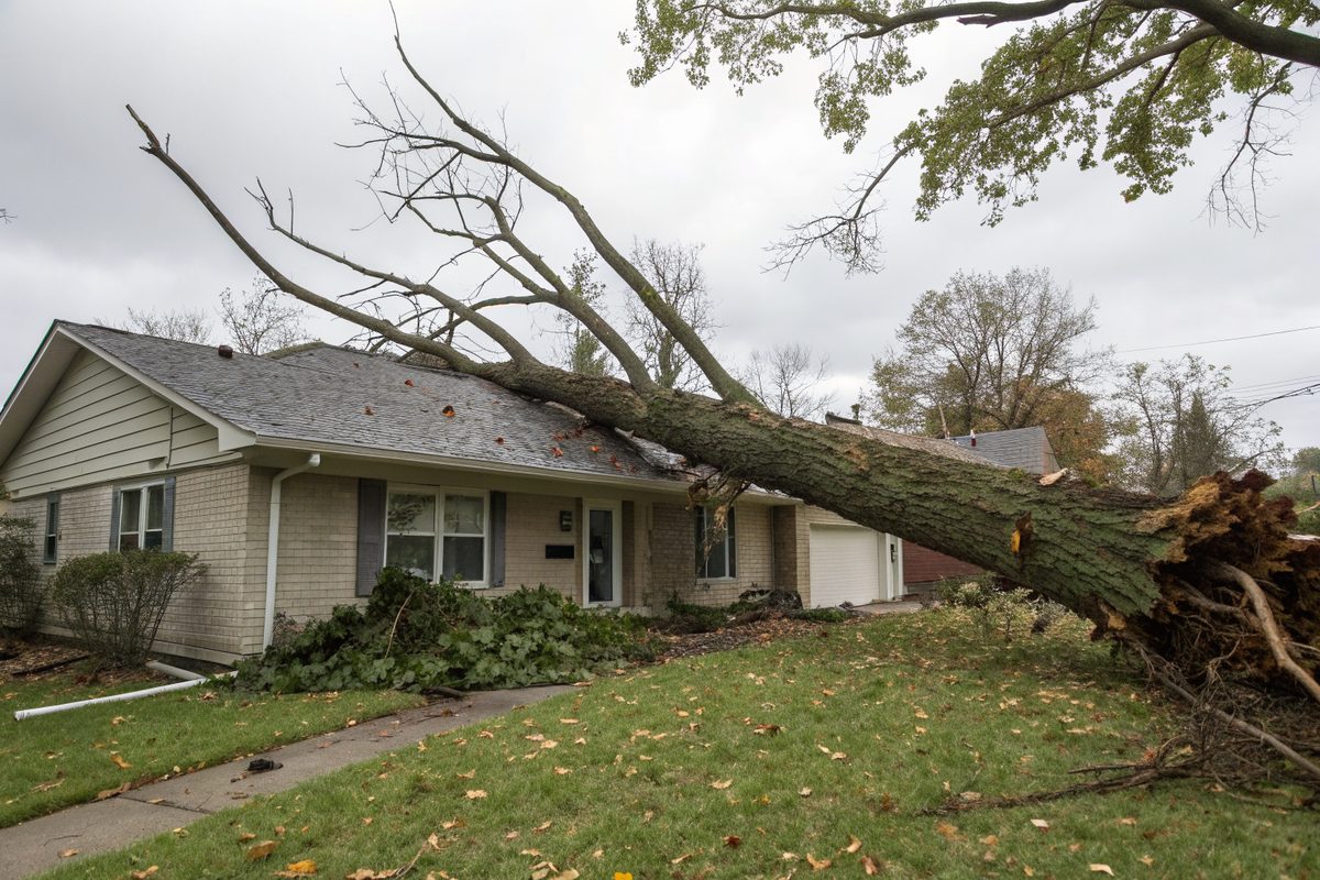 A broken oak tree resting against a house after a windstorm