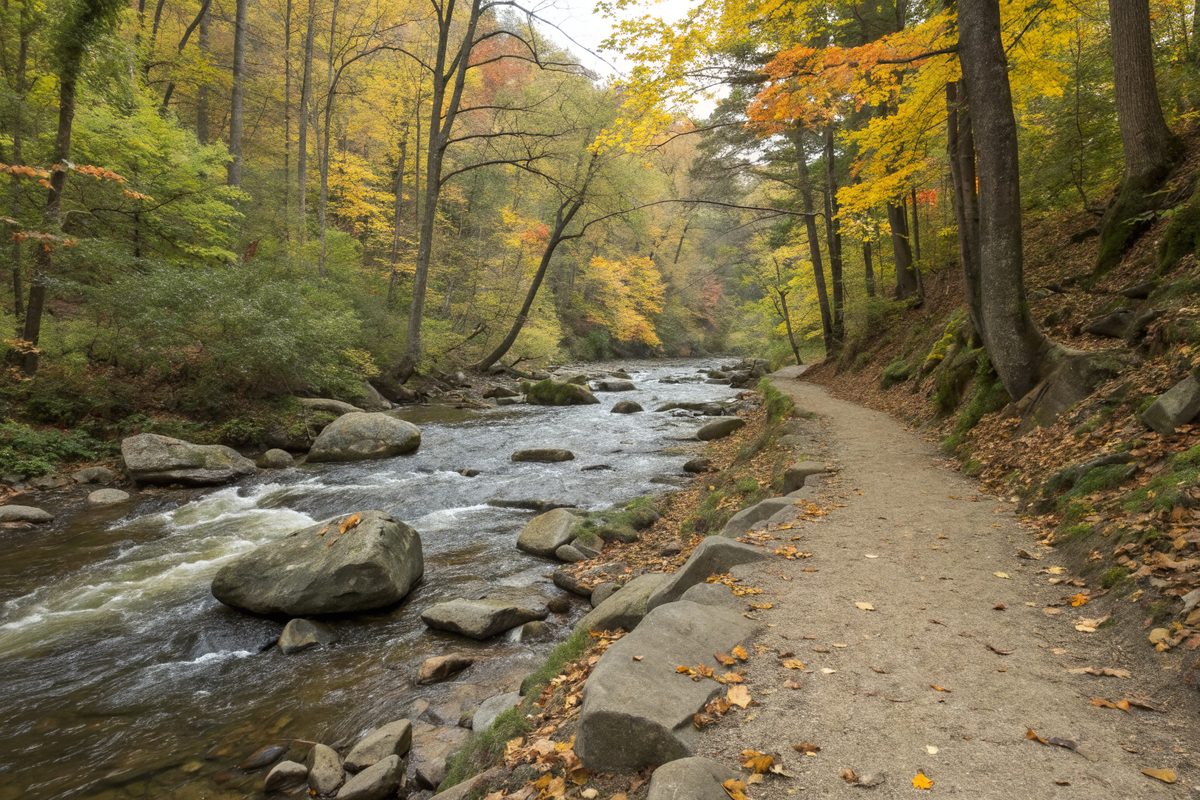 A rocky river and a dirt trail through autumn hardwood forest