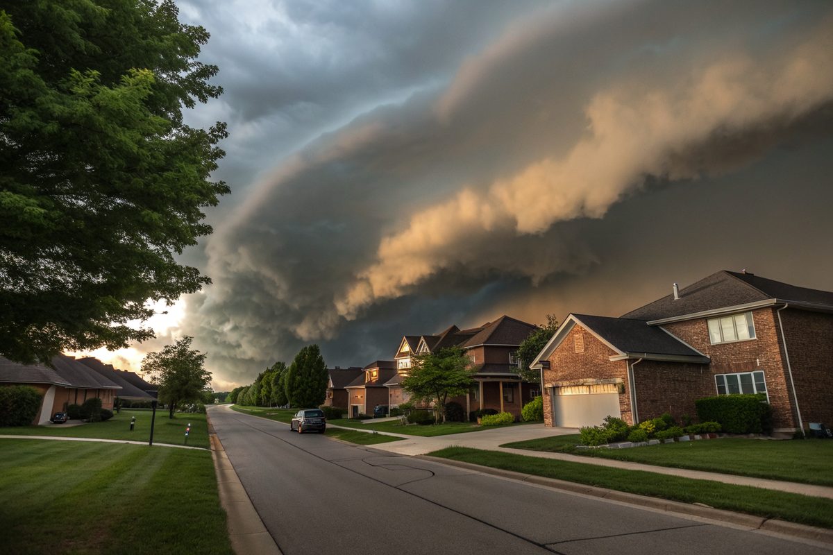 A dark storm shelf cloud over a street of brick homes