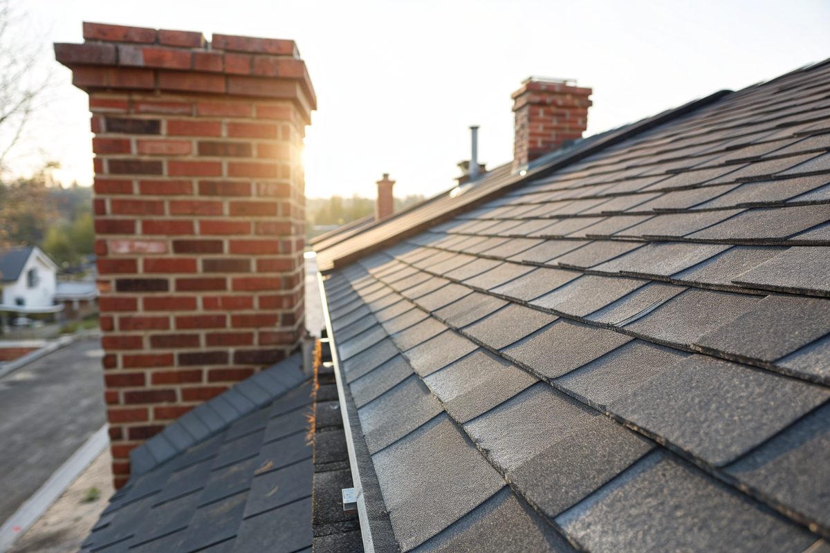 New charcoal shingles and step flashing beside a brick chimney
