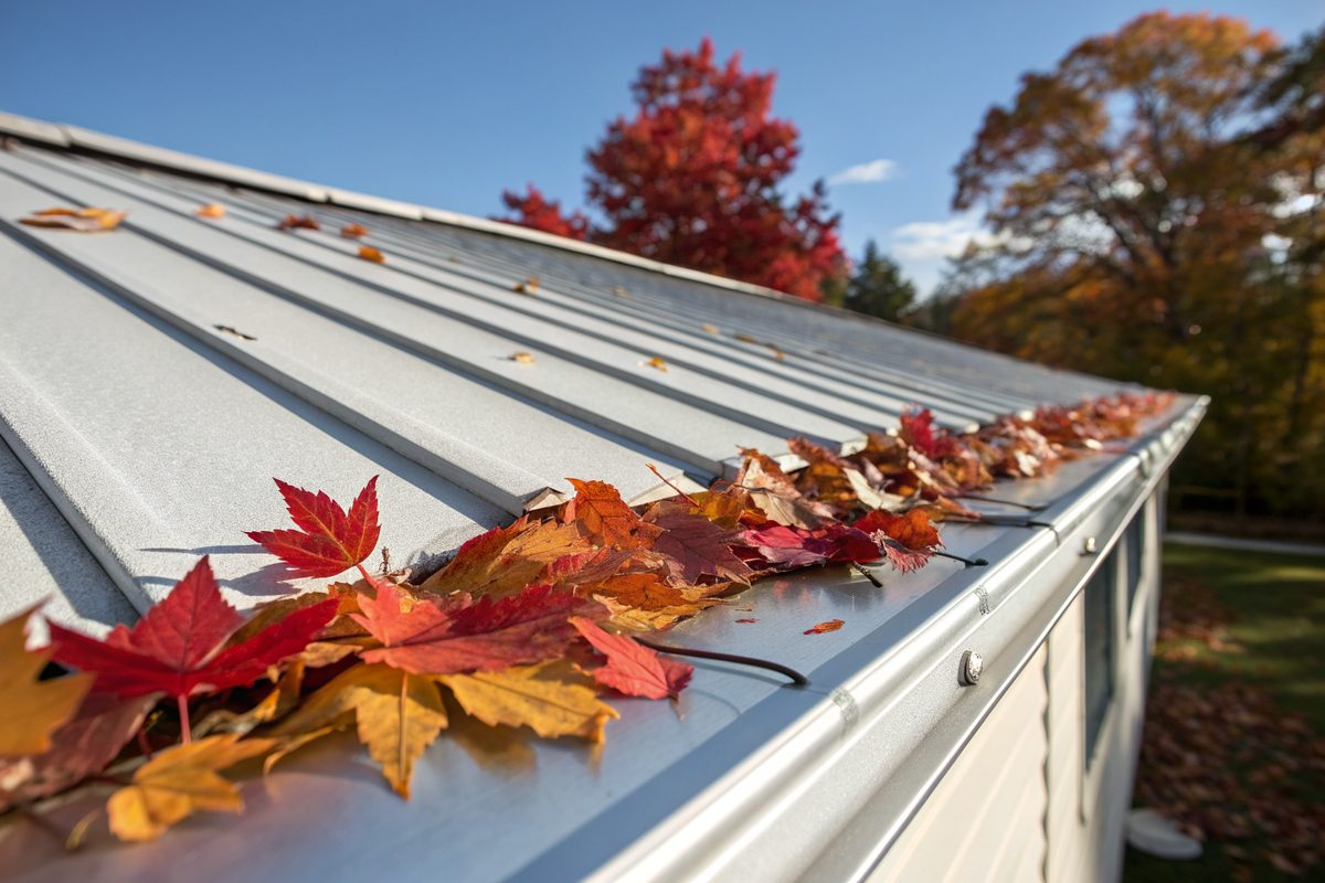 The edge of a light gray metal roof with fallen autumn leaves