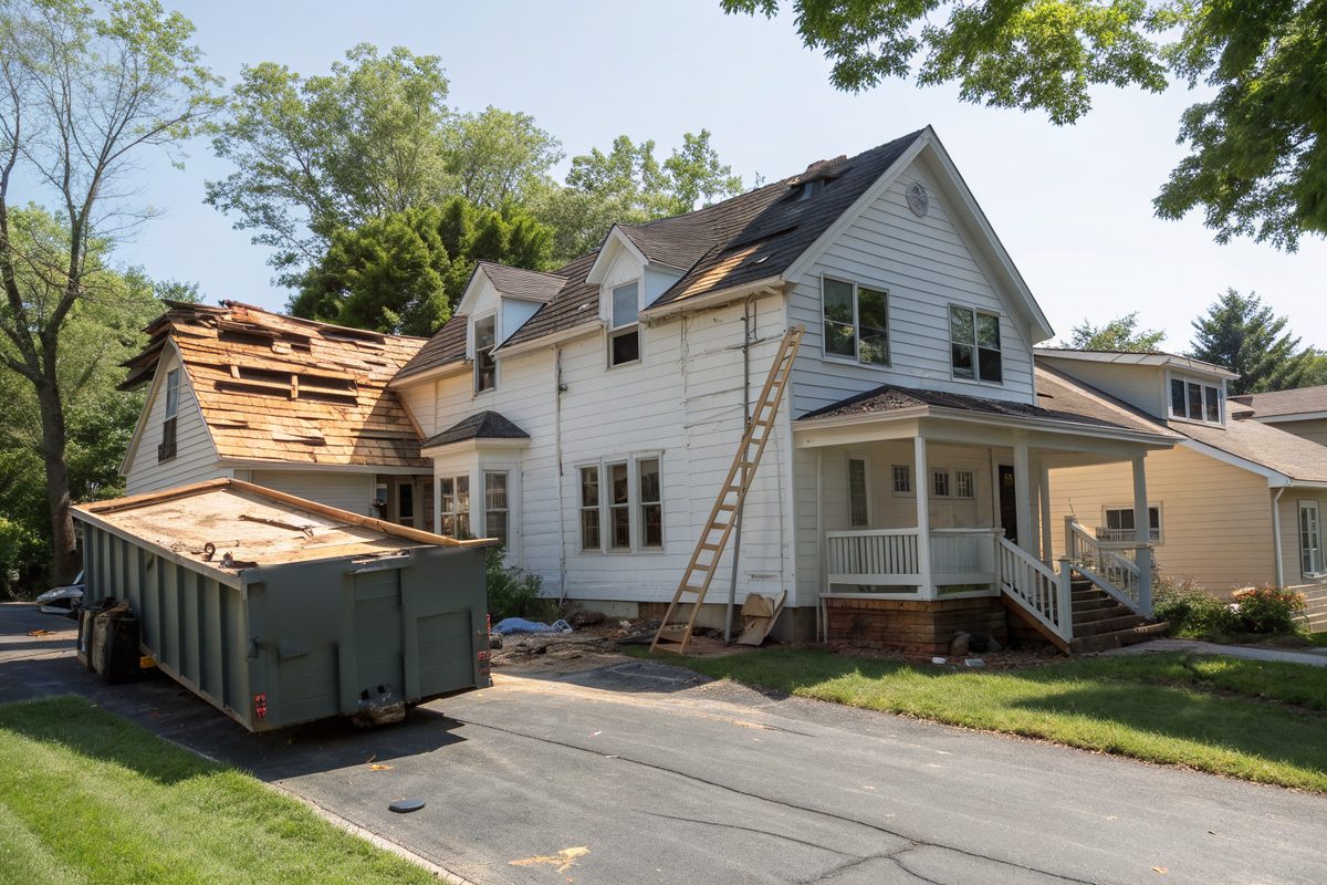 A white two-story house mid-replacement with old shingles stripped to the decking