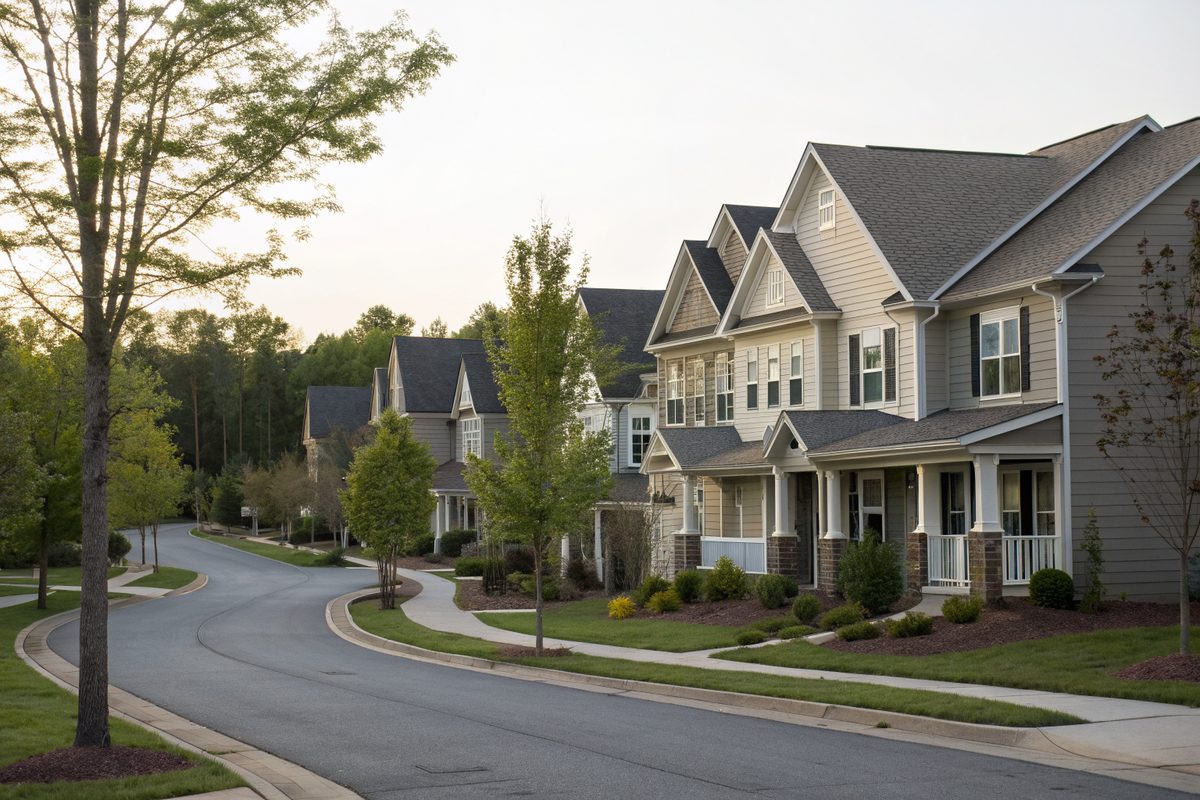 A curving street of newer townhomes with gray shingle roofs